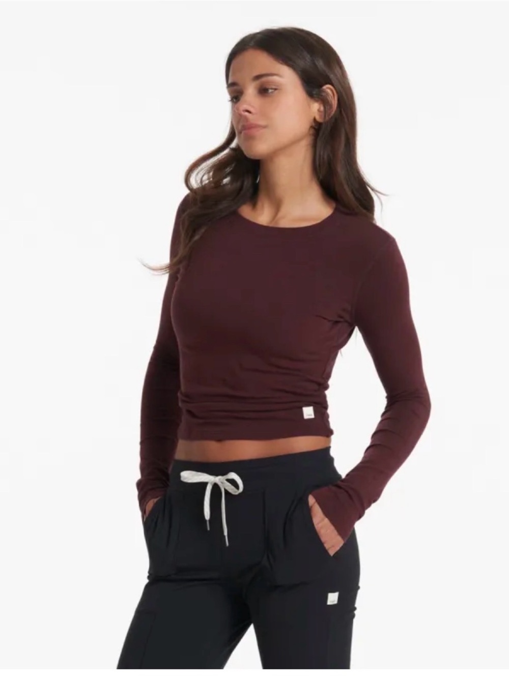 Vuori Cost crop Long Sleeve Crewneck Top in Deep Burgundy small